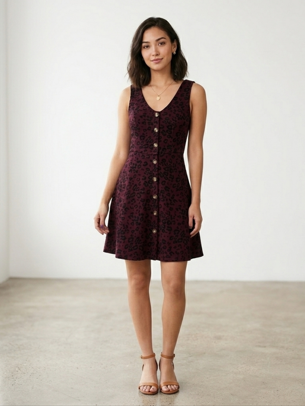 NWT I.N. San Francisco Leopard Print Button-Front Mini Dress - Burgundy & Black